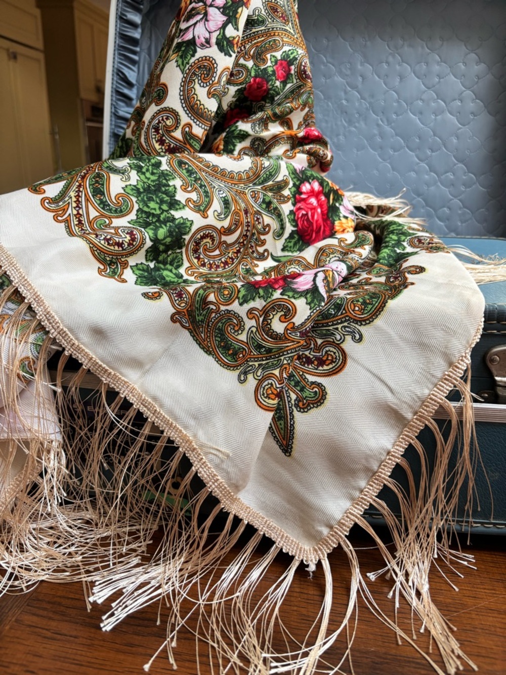 Large Ukrainian Floral Shawl, Boho Scarf with Fringe